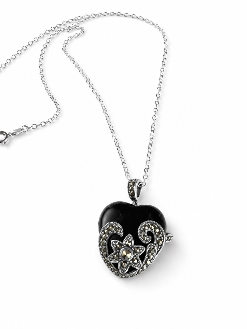 Black Onyx Marcasite Large Heart Pendant Necklace Rhodium Over Brass 🖤✨